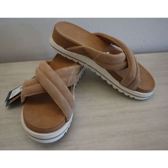 Roxy ARJL200806 Women's Sz 10 Tan Veria Suede Cross-Over Strap Slide Sandals - Picture 1 of 10